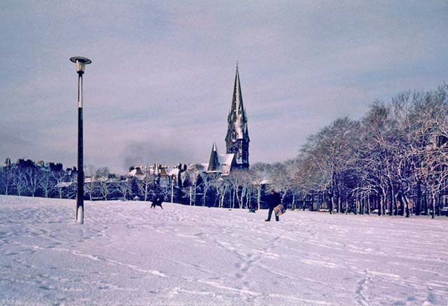 A Winter Scene in Edinburgh  -  Looking across Bruntsfield Links towards Barclay Church, Bruntsfield