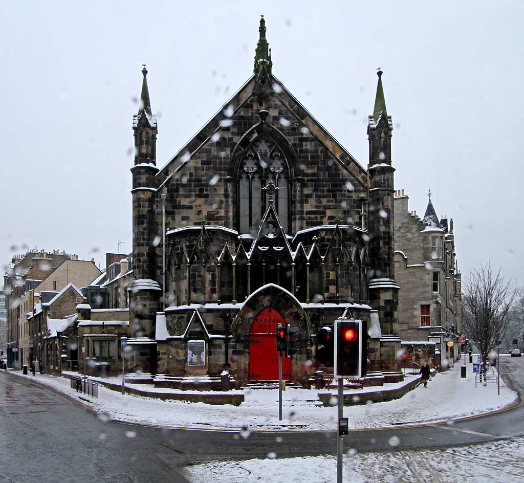 Bedlam Theatre, Bristo Place, photofraphed from the top deck of a bus in a snowstorm on Christmas Eve, 2009