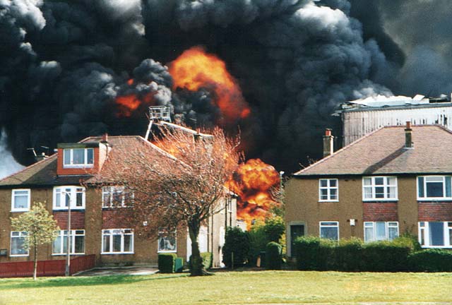 A major fire destroys Bruce Peebles' transformer factory at East Pilton on April 12, 1999