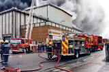 Fire Engine attending the fire at Bruce Peebles' works  -  12 April 1999