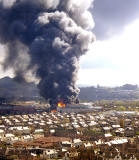 Aeriel view of the fire at Bruce Peebles' works ,  looking to the SE  -  12 April 1999