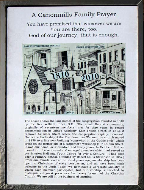Bicentenary Notice on Canonmills Baptist Church wall  -  1810 to 2010