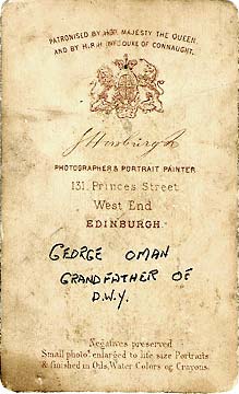 The back of a carte de visite from the studio of John Horsburgh  -  The Edinburgh and Hawick photographer, George Oman