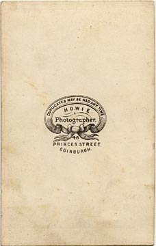The back of a carte de visite by Howie of 45 Princes Street