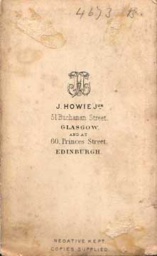 James Howie Junior  -  Studios in Glasgow and Edinburgh  -  The back of a carte de visite