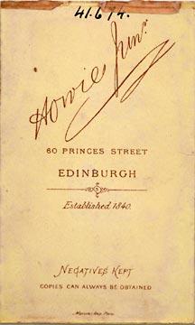 Back of a carte de visite by J Howie Junior, showing date established 1840