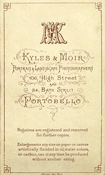 The back of a carte de visite  -  Kyles & Moir  - 1877 to 1882  -  Four ladies