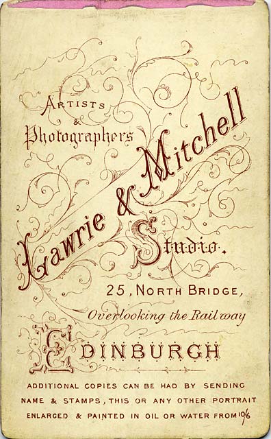 Enlargement of the back of a carte de visite by Lawrie & Mitchell