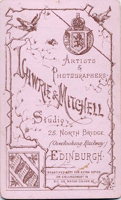 Enlargement of the back of a carte de visite by Lawrie & Mitchell