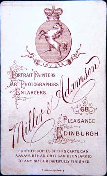 Carte de Visite (back)  -  Photographer: Miller & Adamson