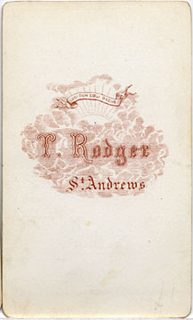Carte de Visite of a bearded man in an oval from the St Andrews studio of Thomas Rodger (back)