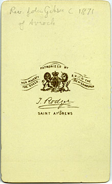 Carte de Visite of a bearded reverend from the St Andrews studio of T Rodger (back)