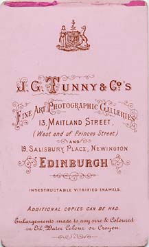 The back of a carte de visiet by J G Tunny & Co  -  1888-1897  -  Lady