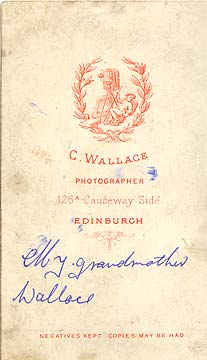 The back of a carte de visite by Charles Wallace of his daughter-in-law, Elizabeth Waldie Wallace, wife of the Dalkeith photographer,Thomas Wallace.