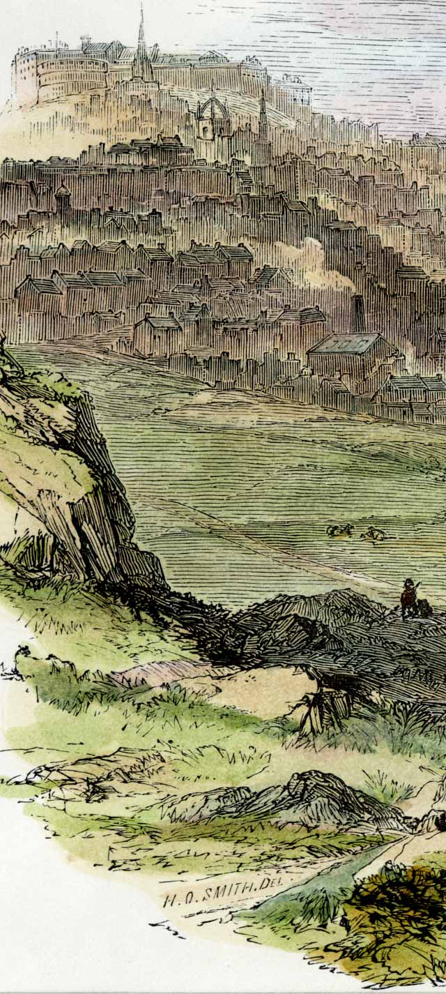 Engraving by W Linton after a sketch by H Smith, c.1820  -  Edinburgh from Salisbury Crags  -  zoom in to the left hand side