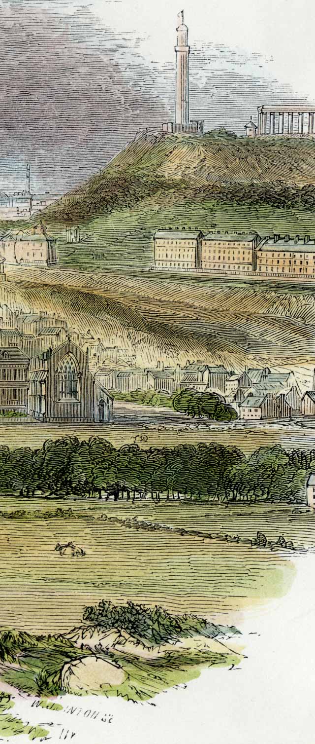 Engraving by W Linton after a sketch by H Smith, c.1820  -  Edinburgh from Salisbury Crags  -  zoom in to the right hand side