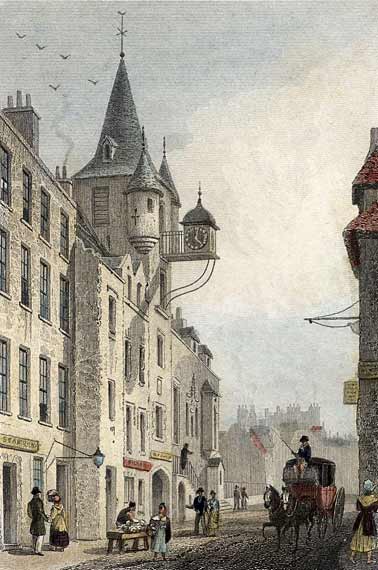 Engraving from 'Modern Athens'  -  hand-coloured  -  Canongate Tolbooth