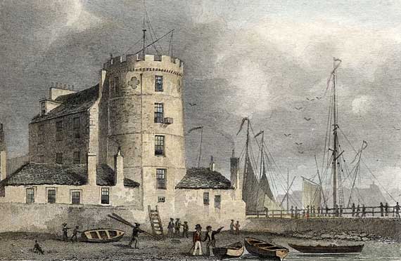 Engraving from 'Modern Athens'  -  hand-coloured  -  Signal Tower at Leith Harbour