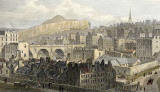 Engraving from 'Modern Athens'  -  hand-coloured  -  Old Town and North Bridge from Princes Street