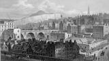 Engraving in 'Modern Athens'  -  Edinburgh Old Town and North Bridge from Princes Street