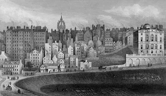 Engraving in 'Modern Athens'  -  Edinburgh Old Town and Bank of Scotland from Princes Street