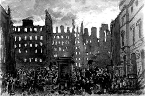 DO Hill  -  watercolour of Parliament Square during fire of 1824
