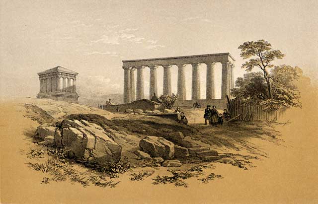 Tinted lithograph by T Picken after J Harding  -  c.1880  -  The National Monument on Calton Hill