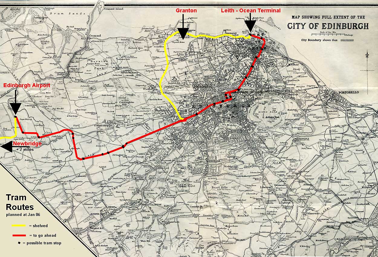 Map by John Bartholomew & Son Ltd.  -  The whole city of Edinburgh, 1925 - showing the proposed tram lines for 2010 onwards, as planned atJanuary 2006.