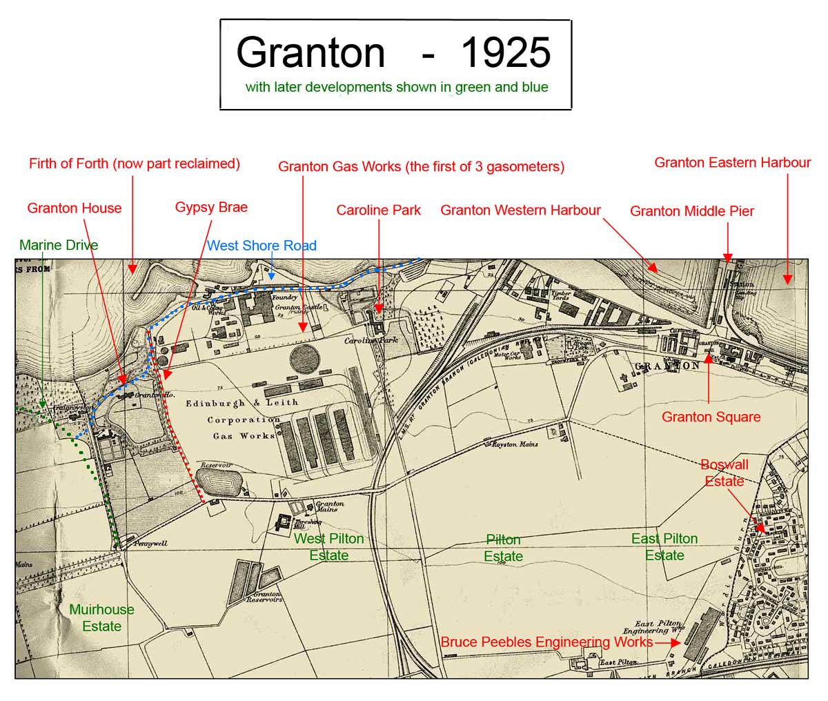 Map of Granton  -  1925  -  with key including Gypasy Brae