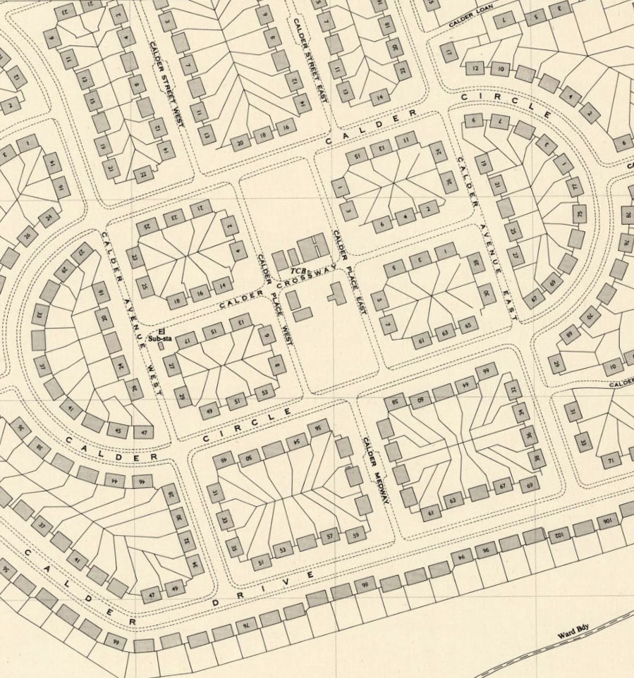 OS Map showing streets within Calder Circle where prefab housing once stood.Prefab