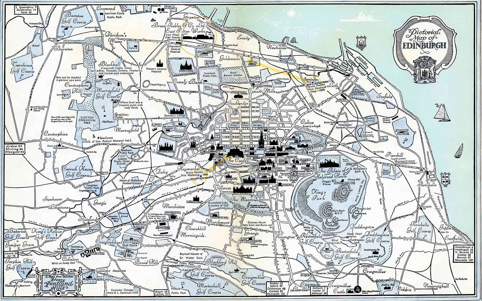 Pictorial Map of Edinburgh showing Bruce Peebles' works from 1866 until 1954