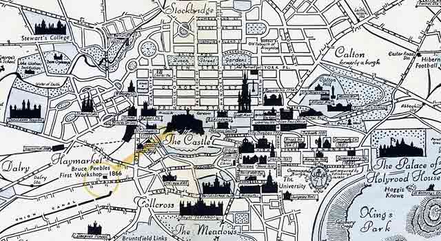 Pictorial Map of Edinburgh  -  Zoom in to Central Edinburgh,showing Bruce Peebles' works from 1866 until 1898