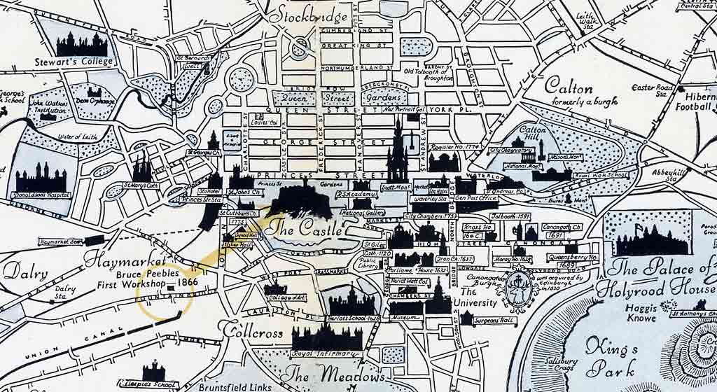 Pictorial Map of Edinburgh  -  zoom-in to Central  Edinburgh showing Bruce Peebles' works from 1866 until 1898