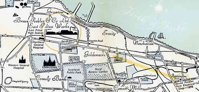 Pictorial Map of Edinburgh  -  zoom-in to North Edinburgh showing Bruce Peebles' works from 1898 until 1954