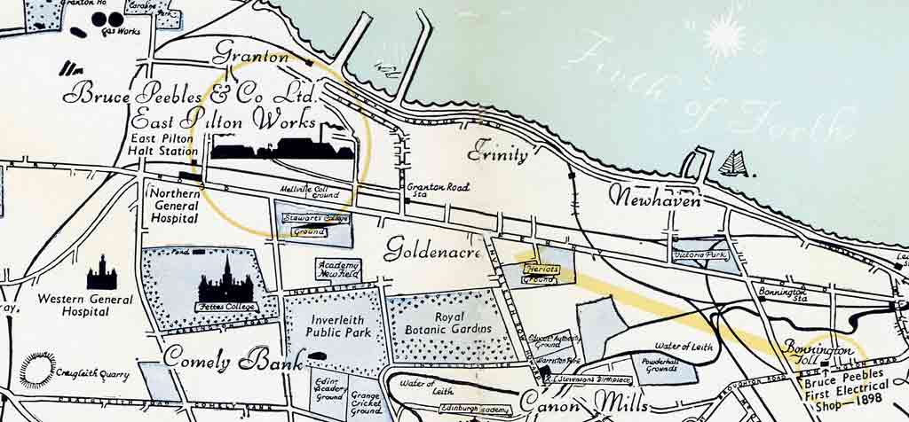 Pictorial Map of Edinburgh -  Zoom in to North Edinburgh, showing Bruce Peebles' works from 1898 until 1954