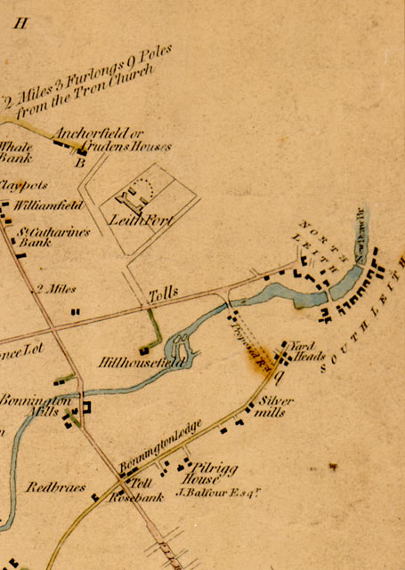 Map of Edinburgh and Leith  -  zooming in to the top right part of the Edinburgh and Leith section of a map of roads within and connecting Cramond District  -  surveyed in 1812