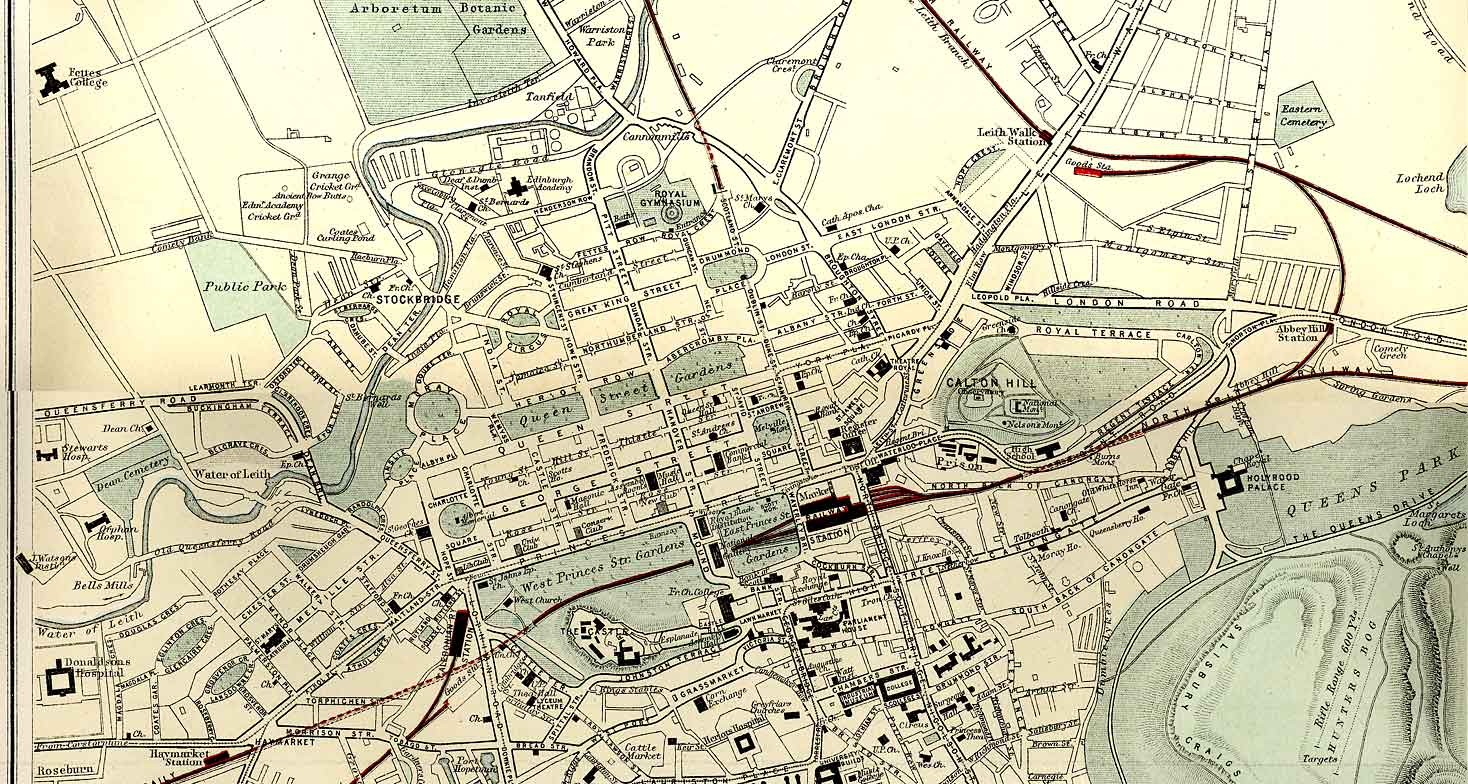 Edinburgh and Leith map of Roads and Railways  -  1884  -  Zoom-in to Central section of the map