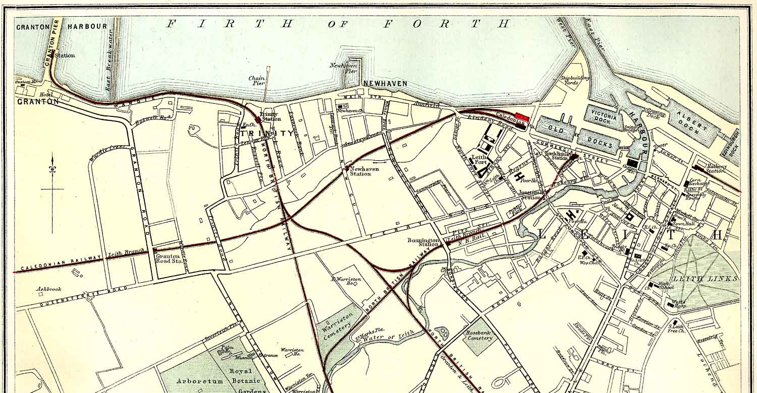 Edinburgh and Leith map of Roads and Railways  -  1884  -  Zoom-in to Northern section of the map