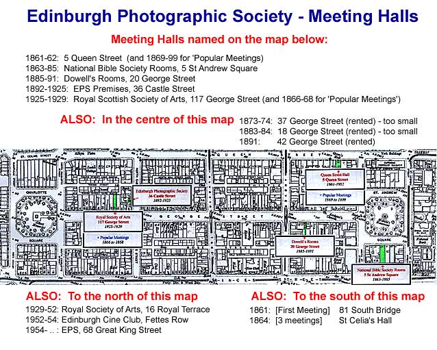 Edinburgh New Town  -  Map showing the Halls at which Edinburgh Photographic Society has held its Meetings