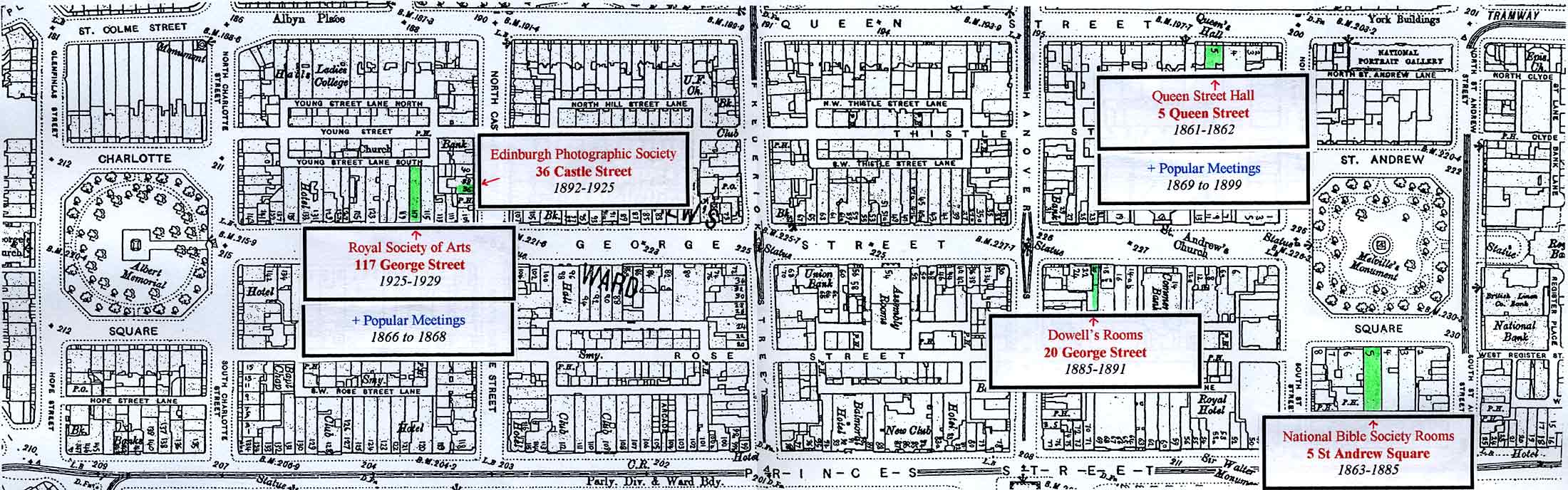 Edinburgh New Town  -  Enlarged map showing the Halls in which Edinburgh Photographic Society has held its Meetings