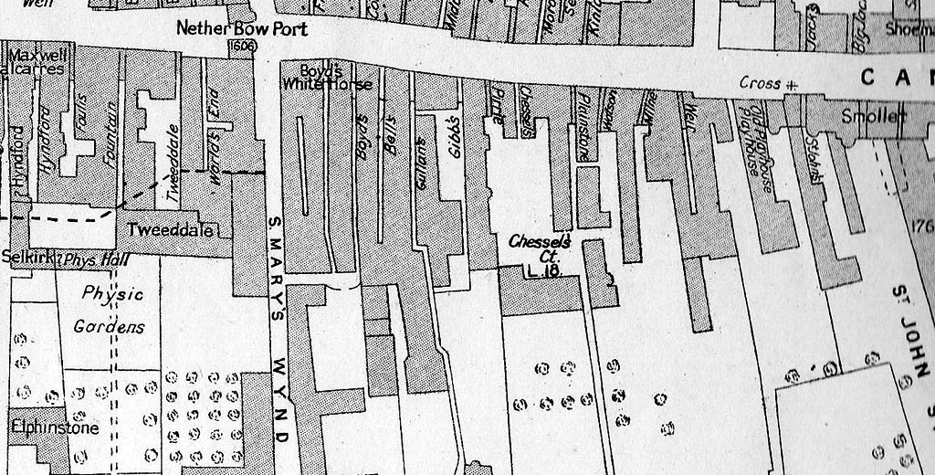 Royal Mile Closes in mid-C18 - Extract from map including Nether Bow Port