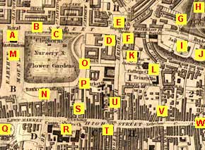 Map of Edinburgh Waverley  -  1844  -  with locations A to W marked, and key