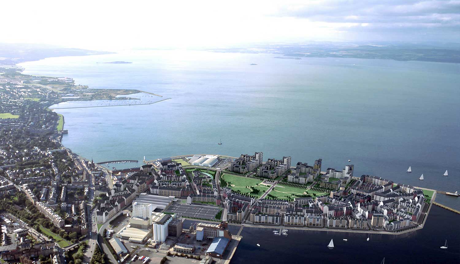 Edinburgh Forthside  -  Aerial View  -  Leith Western Harbour in the foreground.  The Firth of Forth in the background.