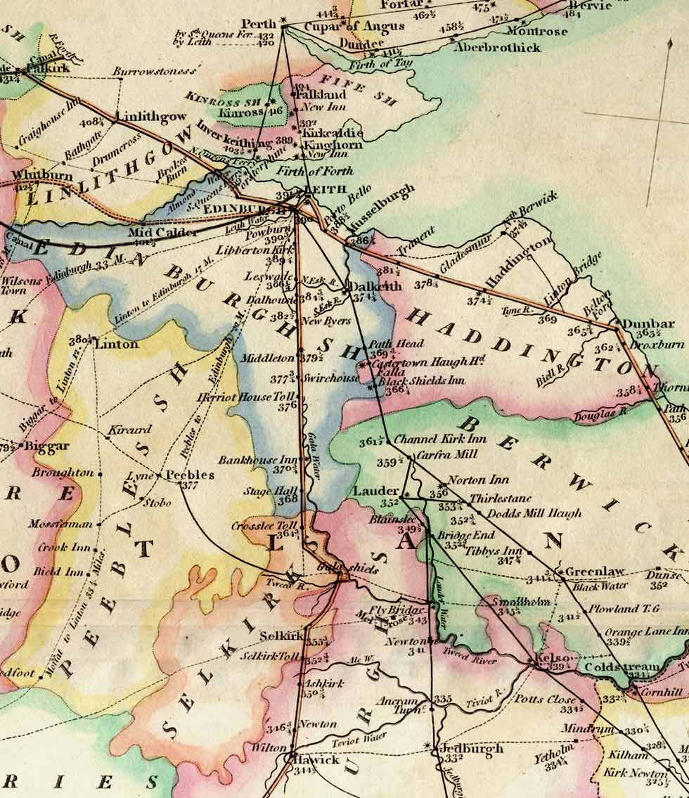 South-East Scotland  -  Map of Roads to Edinburgh with distances to London  -  1806
