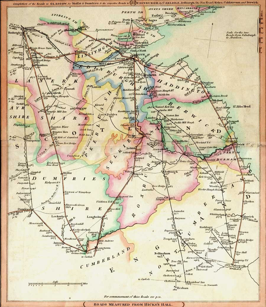 Southern Scotland  -  Map of roads to Glasgow and Edinburgh with distances to London  -  1806