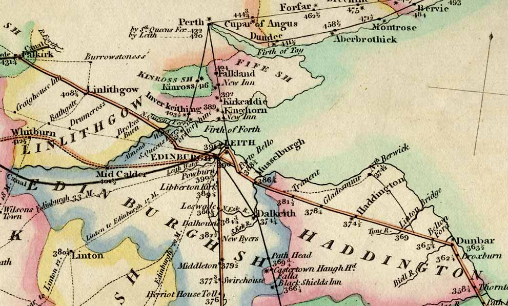 Map of Roads around the Firth of Forth with distances to Edinburgh  -  1806