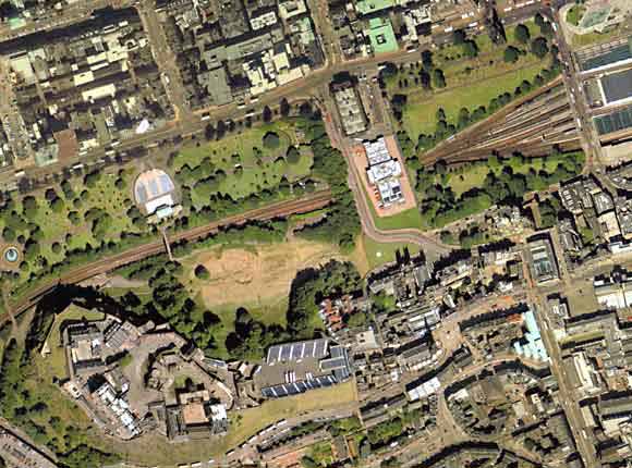 Aerial View of Central Edinburgh  -  incliding Einburgh Castle, Princes Street Gardens and the National Galleries of Scotland