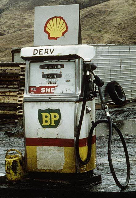 Zoom-in to a petrol pump at an old BP garage in the Scottish Highlands