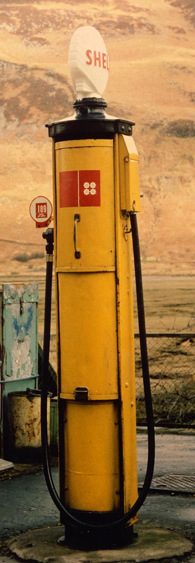 Zoom-in to an old Shell petrol pump in the Scottish Highlands  -  still in ues in the 1980s