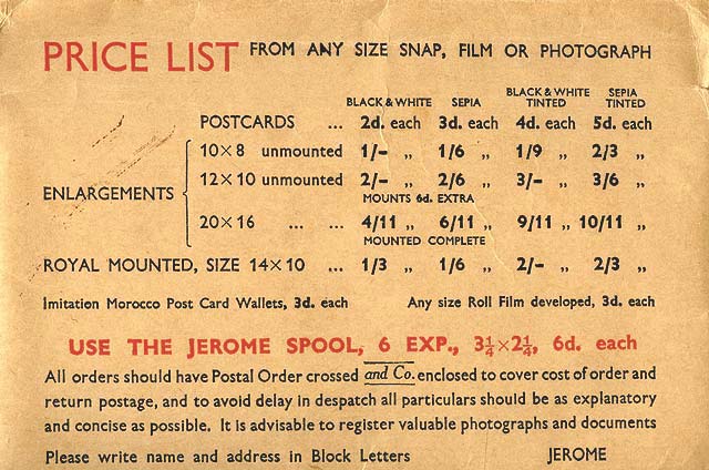 Price list on the back of a Jerome photographic wallet  -  Probably around 1930s